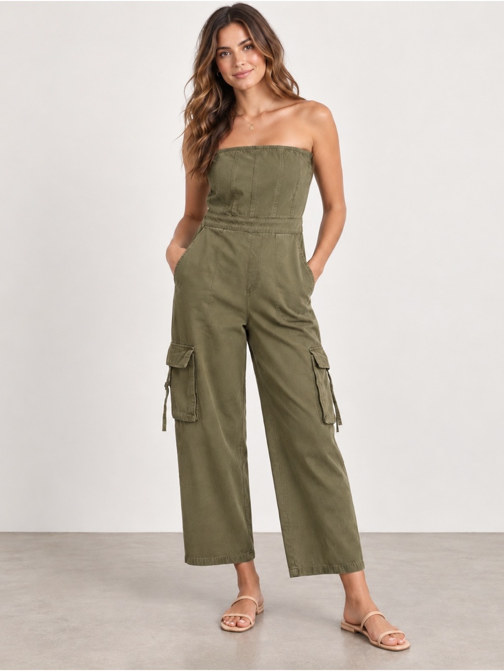 Baevely size medium Olive Strapless Cargo Jumpsuit